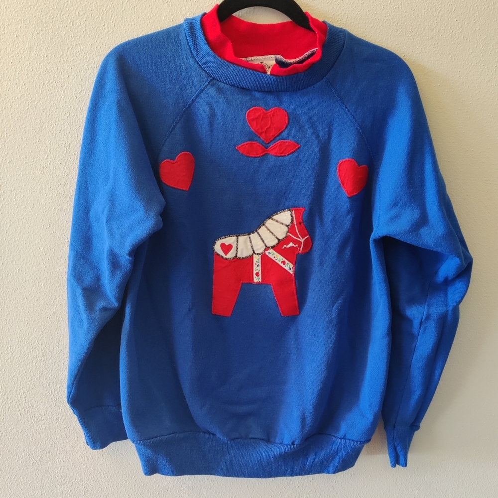 Vintage Swedish Dala Horse Blue Sweatshirt L